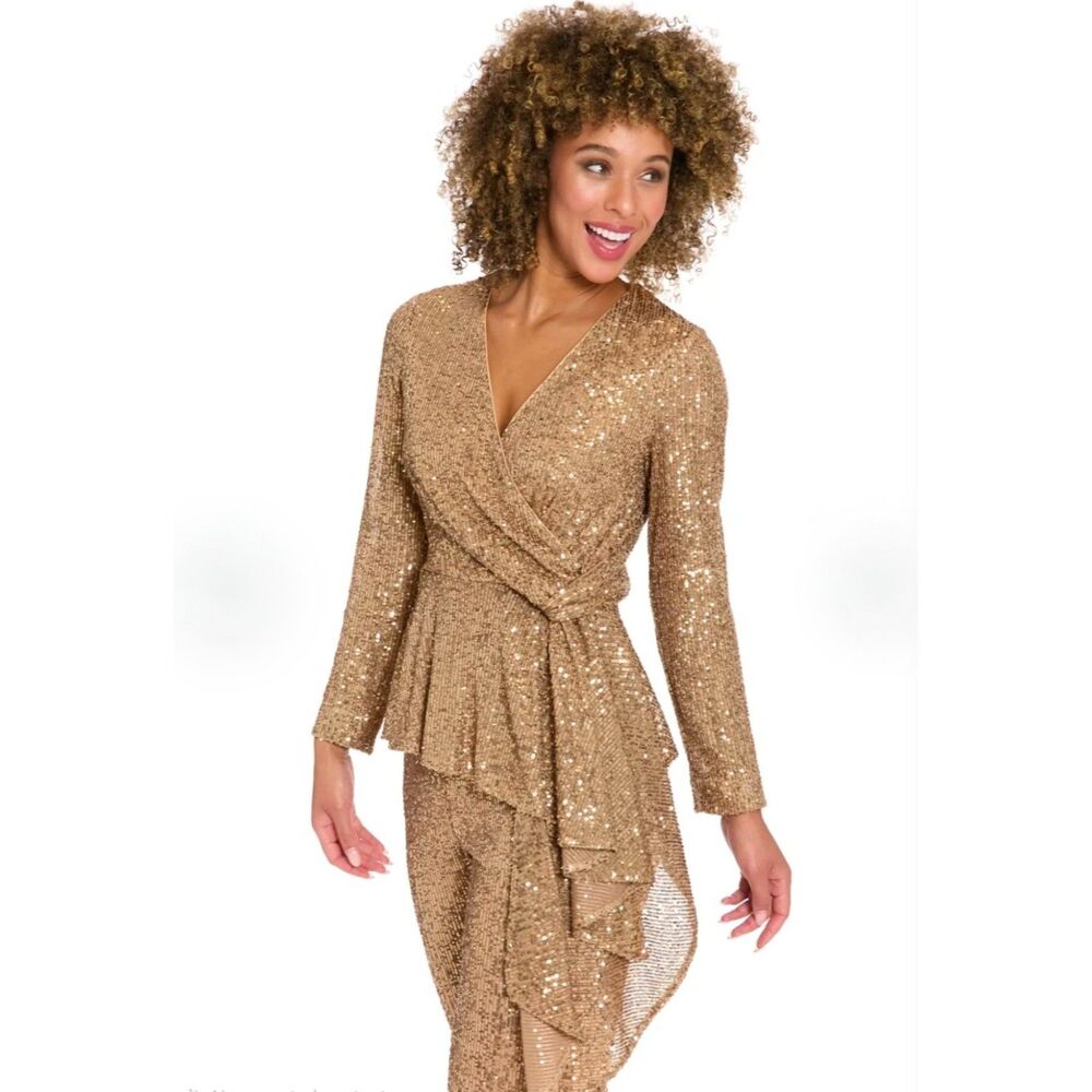 Muse Caramel Tribeca Sequin Long-Sleeve Peplum Twist Wrap Top Size L NWT